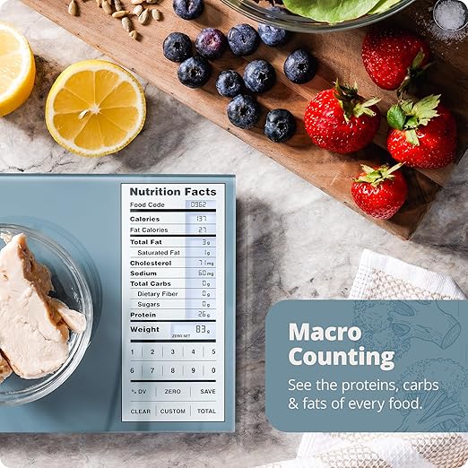 Greater Goods Digital Nutrition Scale – Accurate Macro and Calorie Tracking for Meal Prep, Weight Loss, and Healthy Eating | 2,000 Built-in Foods, Intuitive Nutrition Label Display, 11lb Cap, Blue