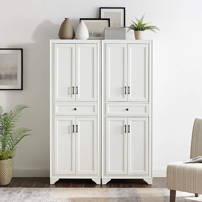 Crosley Furniture Tara 2-Piece Pantry Storage Cabinet Set with Shelves, Kitchen, Dining, or Laundry Room, Distressed White