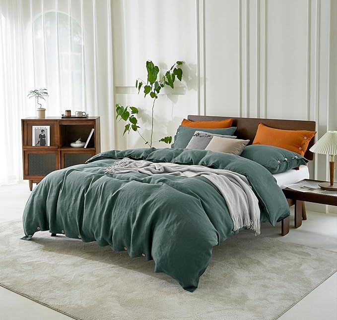 EVERLY 100% Pure Linen Duvet Cover Set Twin Size 68X90Inch 2pcs (1 Duvet Cover,1Pillowcases) Soft and Breathable for All Season with Coconut Button Closure, Suitable for Hot Sleepers-Aqua
