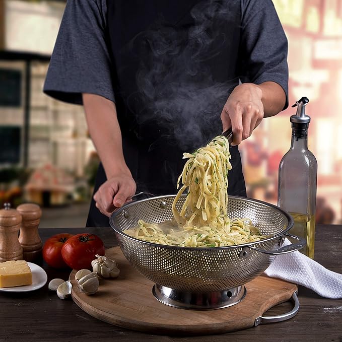LiveFresh Stainless Steel Micro-Perforated 5-Quart Colander - Professional Strainer with Heavy Duty Handles and Self-draining Solid Ring Base - Dishwasher Safe