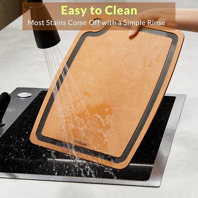 Cutting Board for Kitchen, 17.3x12.8Inch Wood Fiber Composite Cutting Board with Juice Groove and Non-slip Feet, Dishwasher Safe, Knife-Friendly Chopping Board for Meat, Bread, Fruit, Wooden/Black