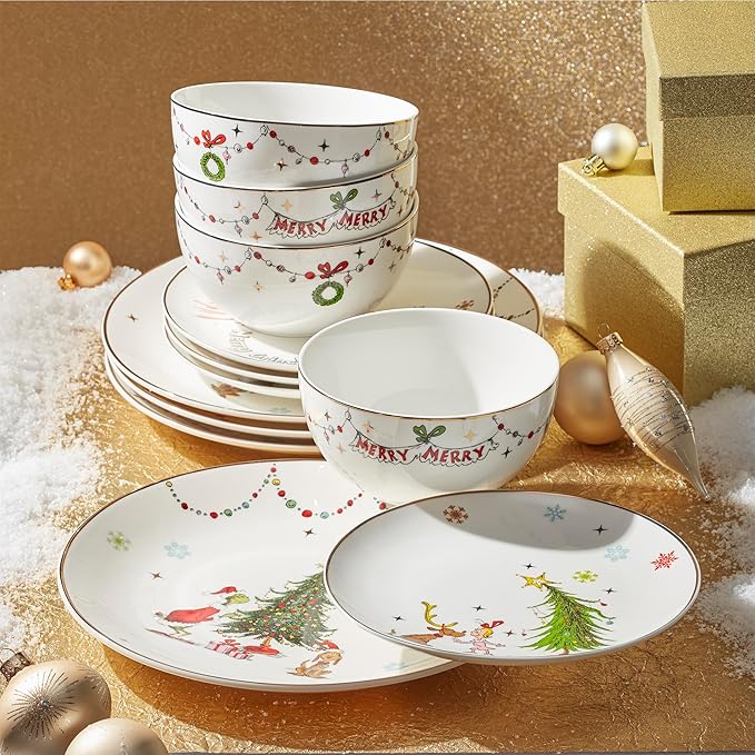 Lenox 895051 Merry Grinchmas 12-Piece Dinnerware Set, Green, 12 Count, Christmas, Holiday Hosting