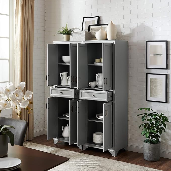 Crosley Furniture Tara 2-Piece Pantry Storage Cabinet Set with Shelves, Kitchen, Dining, or Laundry Room, Distressed Gray
