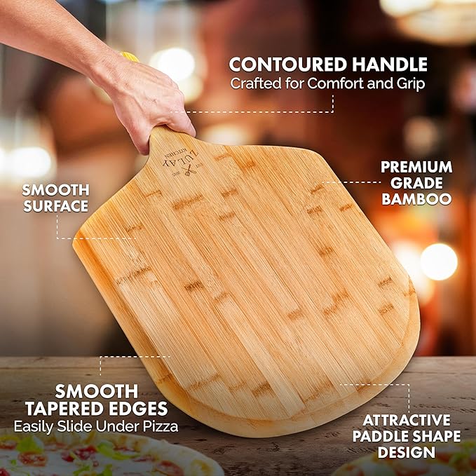 Zulay Kitchen Bamboo Pizza Peel – Large 15” Wooden Pizza Paddle with Long Handle – Easy-Glide Beveled Edge for Baking, Transferring & Serving – Durable Pizza Board for Oven, Stone & Grill