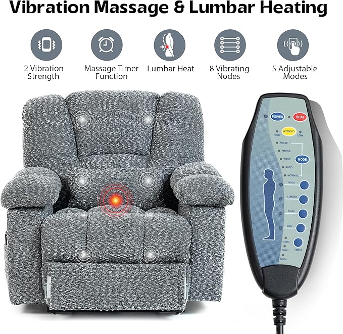 Big Man Recliner 500lbs Power Lift Recliner Chair for Big Tall Elderly Adults Oversized Lay Flat Lift Recliner with Extended Footrest,Heat Massage,Flip Arm Storage Cup Holders,USB Type C