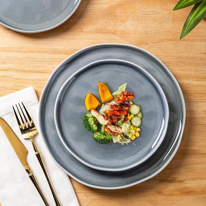 LERATIO Ceramic Dinnerware Sets for 4,Porcelain Plates and Bowls Sets with Wavy Edge,Microwave & Dishwasher & Oven Safe,Light Weight & Scratch Resistant Dishes Sets-Service for 4-Jean blue (12pcs)