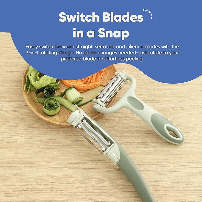 Chef’s Path Tri-Blade Peeler Set – Stainless Steel Blade Y Peeler & Side Peelers for Kitchen Set of 2 with Standard Peeler, Serrated Peeler, Julienne Peeler Vegetable Peeler & Spot Remover