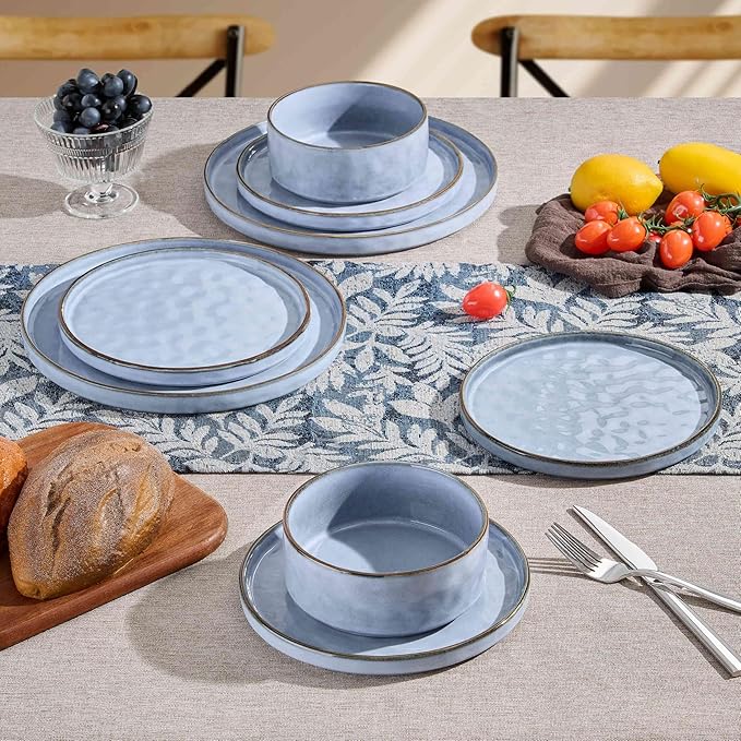 Herogo 18 Pieces Dishes Sets for 6, Stoneware Dinnerware Dishwasher & Microwave Safe, Ceramic Plates and Bowls Sets for Kitchen Restaurant, Haze Blue