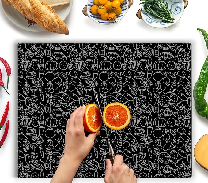 Glass Cutting Board 20”x16”: Tempered Glass Kitchen Counter Protector - Durable- Scratch-Resistant, Heat-Proof - Design 4 - Black Design