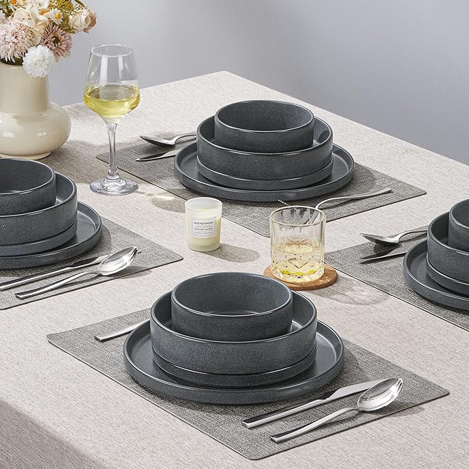 Herogo Dinnerware Dishes Sets with Salad Bowls, 24 Piece Plates and Bowls for 6, Dishwasher & Microwave Safe Ceramic Stoneware for Kitchen, Dark Gray