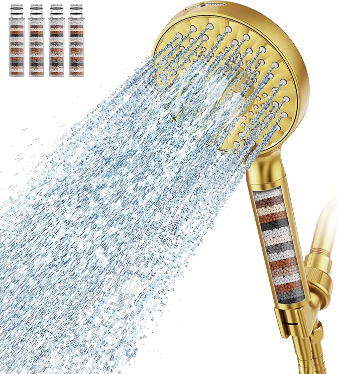 SR SUN RISE Filtered Shower Head with Handheld High Pressure 9 Spray Mode Showerhead Detachable Shower Head Water Softener Filters Beads for Hard Water Remove Chlorine 4 Filters Brushed Gold