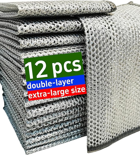 Extra-Large Size 12PCS Multipurpose Wire Dishwashing Rag,Non Scratch Wire Dishcloth, Reusable Steel Wool Scrubber,Non-Scratch&Quick-Drying&Odor-Resistant Multi-Purpose for Kitchen,Bathroom Cleaning