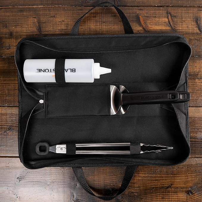 Blackstone 5481 Tabletop 5 Piece Griddle Tool Kit- Outdoor Indoor Grill BBQ Utensils, 2 Stainless Steel Spatulas, 1 Classic Tong, 16Oz Squeeze Bottle, 1 Portable Carry Bag, Black, Silver, White
