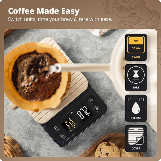 Greater Goods Digital Coffee Scale with Timer – Accurate 0.1g Precision, Multi-Color Display, Waterproof & Heat-Resistant Cover, for Pour-Over, Espresso, French Press, and Kitchen Use (Birch White)