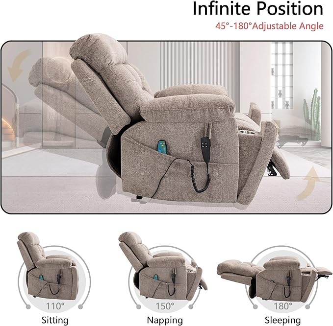 Dual Motor Power Lift Recliner Chair with Massage Heating for Adults Elderly, Electric Lift Chairs Lay Flat Recliners, Infinite Position, 2 Hidden Cup Holders