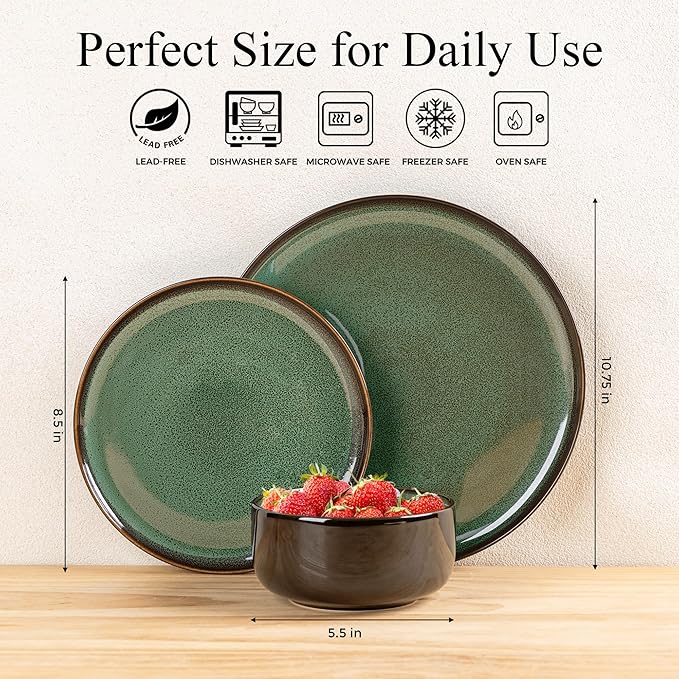 LERATIO Ceramic Dinnerware Sets for 4,12 Pieces Poreclain Plates and Bowls Sets,Scratch Resistant Dishes,Dishwasher & Microwave Saf,Oven Safe Dishes Set,Service for 4-Geen