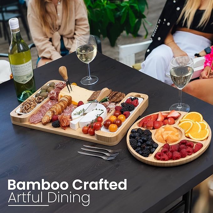 Charcuterie Board Gift Set - Bamboo Cheese Board & Serving Tray for Meat, Cheese, Crackers, Fruit - Large Wooden Charcuterie Boards for Parties - Wedding, Housewarming, Birthday Gifts for Women