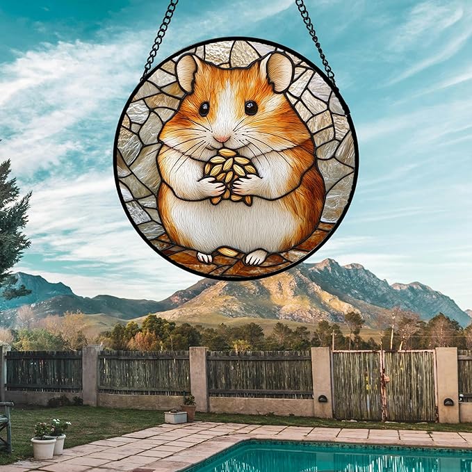 Stained Glass Window Hanging 4 Pcs Set Cute Cat and Dog 7.8" - Animal Suncatcher Door Garden Sun Catcher Decor Birthday Mother's Day for Mom Woman Nana Girl Boy Friend