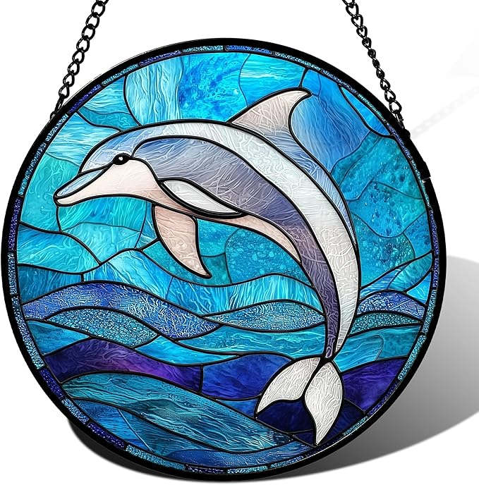 Stained Glass Suncatcher, Blue Ocean Dolphin Sun Catcher Marine Life Stain Glass Indoor Window Hanging Decoration Mother's Day Birthday Gifts for Women Men Mom and Nana 15 in