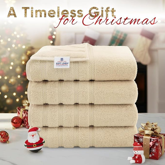 American Soft Linen Luxury 4 Piece Bath Towel Set, 600 GSM 100% Cotton Turkish Bath Towels for Bathroom, 27x54 in Extra Large Bathroom Shower Towels, Beige