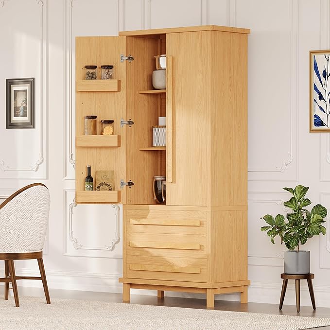 Christopher Knight Home Chenny 70''H Wooden Kitchen Pantry Cabinet, Storage Cabinet with Adjustable Shelves, 6 Door Internal Storage Compartments & 3 Drawers, Freestanding Cupboard Cabinet, Natural