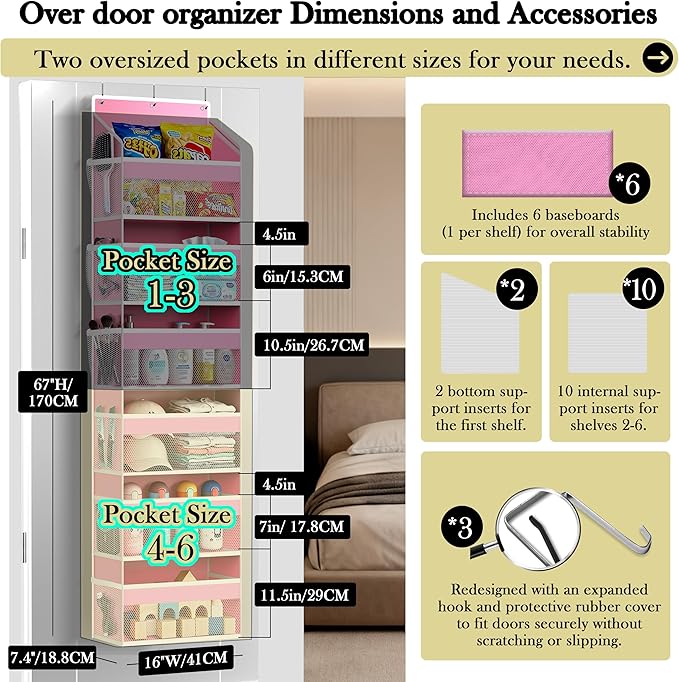 PAULONE 1 Pack Heavy Duty Over the Door Organizer, 6 Large + 12 Mesh Pockets with 79 lbs Capacity, Space-Saving Hanging Storage for Shoes, Toys, Bedroom & Closet-Pink