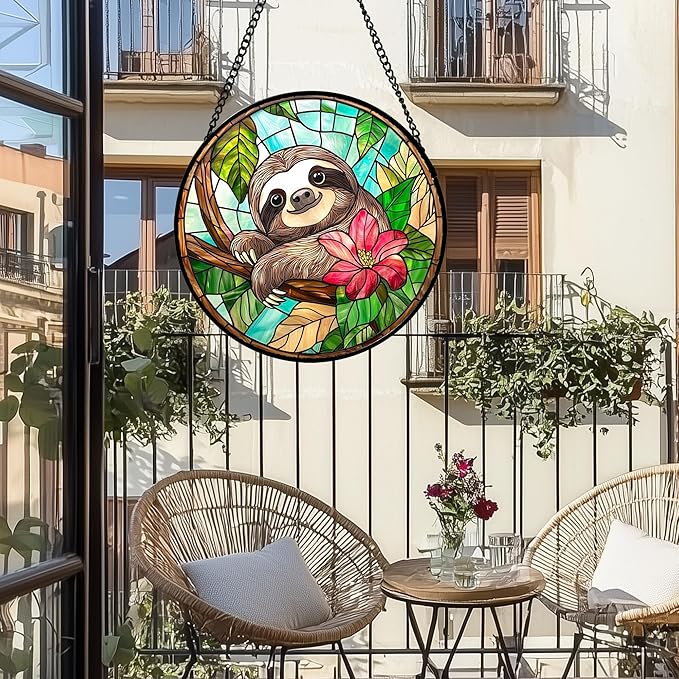 Stained Glass Window Hanging, Cute Sloth Sun Catcher for Door Home Decor Animal Suncatcher Christmas Mother's Day Birthday Gifts for Women Men Mom and Nana 15 in