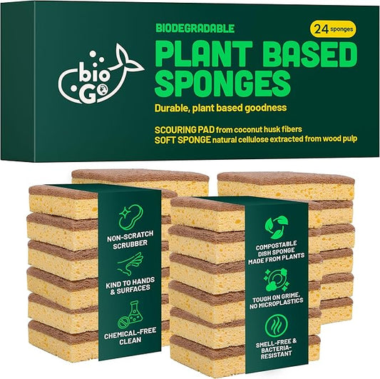 bioGo Biodegradable Kitchen Sponges – Natural Cellulose, Eco-Friendly, Compostable Cleaning Sponges – 24 Pack