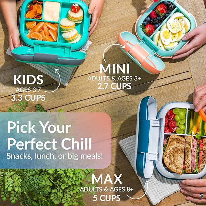 Bentgo Chill Mini Leak-Proof Lunch Box – Built-In Ice Pack Keeps Food Cold, 2.7-Cup Capacity for Snacks or Sandwich, 3 or 4 Compartments, PFAS & BPA-Free, Ideal for Adults & Kids 3+ (Seaside Papaya)