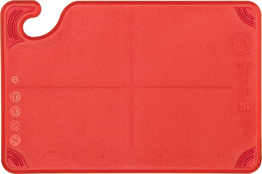 San Jamar Saf-T-Grip Plastic Cutting Board with Safety Hook, 6" x 9" x 0.375", Red