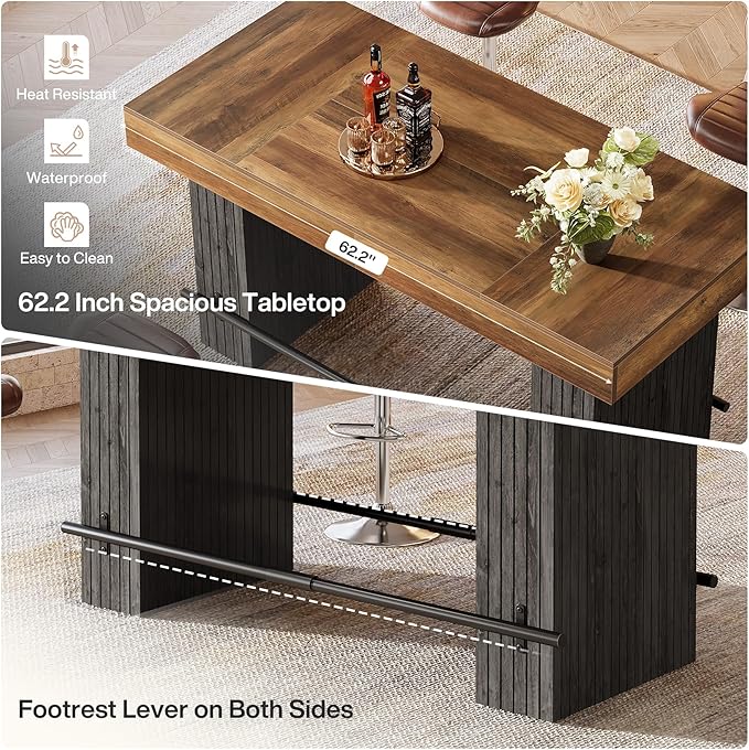 Tribesigns 62.2 Inch Bar Table, Industrial Counter Height Pub Dining Table, Rectangular Home Bar Units with Metal Footrest for Home Kitchen, Dining Room, Bistro