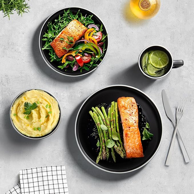Zulay Kitchen Terra Stoneware 32-Piece Dinnerware Set, Artisanal Ceramic Plates and Bowls Set Crafted at 2300℉ - Service for 8, Black Matte with White Rim