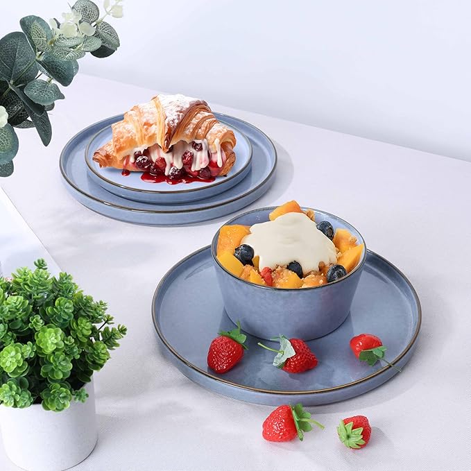 Herogo 12-Piece Stoneware Dinnerware Set for 4, Dinner Plates and Bowls Sets, Double Reactive Glaze Dishware Place Setting for Kitchen, Scratch Resistant, Microwave Safe, Haze Blue