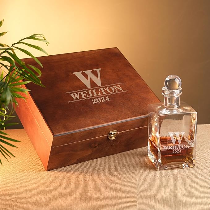 Personalized Whiskey Decanter Set with Engraved Glasses - Personalized Gifts for Men With Engraved Wooden Box and Whiskey Stones