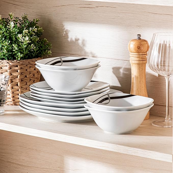 VEWEET Porcelain Dinnerware Set, 12 PCS Including Dinner Plates, Dessert Plates and Cereal Bowls, Series Fiona