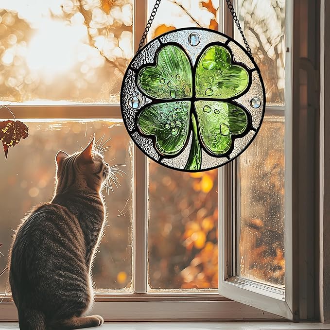 Stained Glass Window Hanging - St. Patrick's Day Green Irish Themed Gifts Sun Catcher Door Home Clover Decor Suncatcher Christmas Mother's Day Birthday Gifts for Women Men Mom Nana 11.8 in