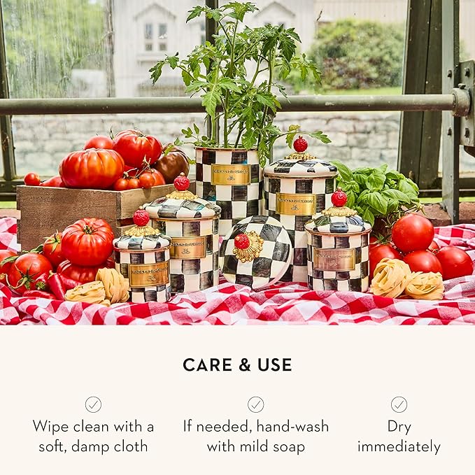 MACKENZIE-CHILDS Large Enamel Canister, Kitchen Storage Container for Flour and Sugar, 1.89 Liters, Black-and-White Courtly Check