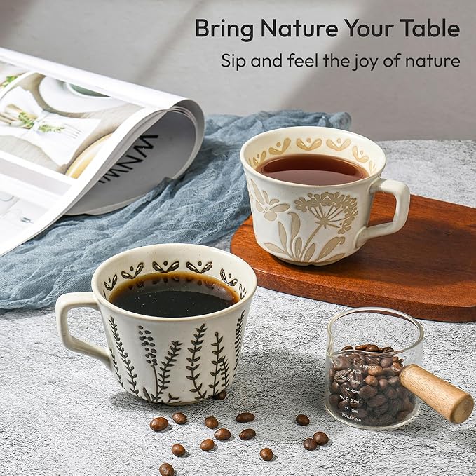 Ceramic Coffee Mug, 12 oz Novelty Unique Teacup with Handle, Stoneware Cup for Tea Mocha Latte Cappuccino Espresso (Set of 4, Butterfly Grass Ivy and Leaf)