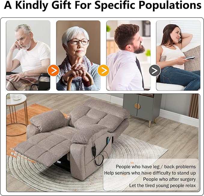 Dual Motor Power Lift Recliner Chair with Massage Heating for Adults Elderly, Electric Lift Chairs Lay Flat Recliners, Infinite Position, 2 Hidden Cup Holders