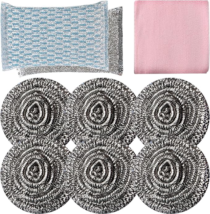 6pcs Stainless Steel Scrubber 2pcs Heavy Duty Scrub Sponges 1pcs Dish Clean Towel for Kitchens Bathroom and More