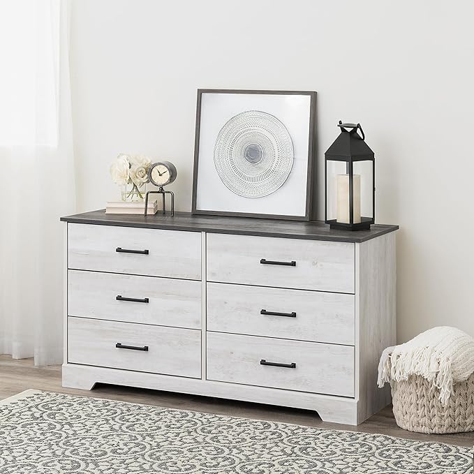Prepac Rustic Ridge Farmhouse 6-Drawer Double Dresser, Washed White Dresser for Bedroom, Chest of Drawers with 6 Storage Drawers, 53.25” wide x 18.25” deep x 28.5” tall, Washed White