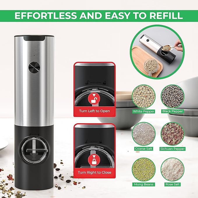 Salt and Pepper Shakers Set Electric with USB - Best Electric Salt and Pepper Grinder Set - Rechargeable Salt and Pepper Grinders - Automatic Salt and Pepper Grinder Set with LED Light - Salt Grinder