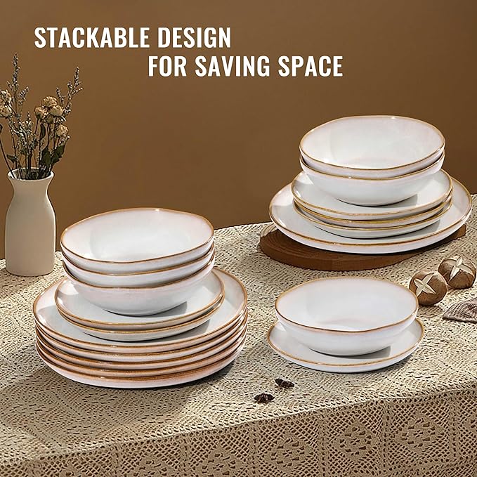 Herogo Stoneware Dinnerware Sets, 12 Piece Dinner Dishes Set for 4, Ceramic Plates and Bowls Dishware, Tableware Includes Dinner Salad Plates, Soup Bowls, Microwave & Dishwasher Safe, Pearl White