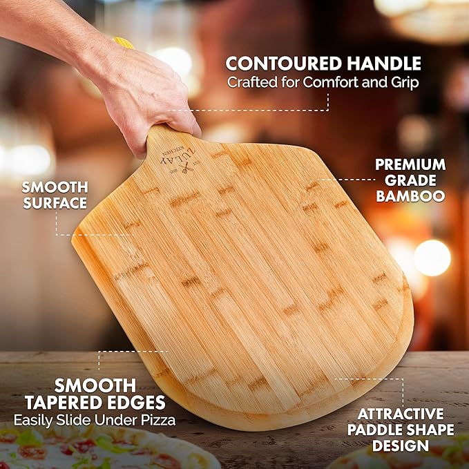 Zulay Kitchen Bamboo Pizza Peel – Medium 12” Wooden Pizza Paddle with Long Handle – Easy-Glide Beveled Edge for Baking, Transferring & Serving – Durable Pizza Board for Oven, Stone & Grill