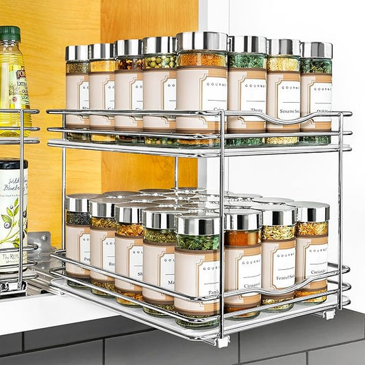 LYNK PROFESSIONAL® Pull Out Spice Rack Organizer for Inside Kitchen Cabinets - 8-3/8 inch Wide - Slide Out Drawer – Chrome Sliding Spice Cabinet Organization Shelf Racks - 2 Tier