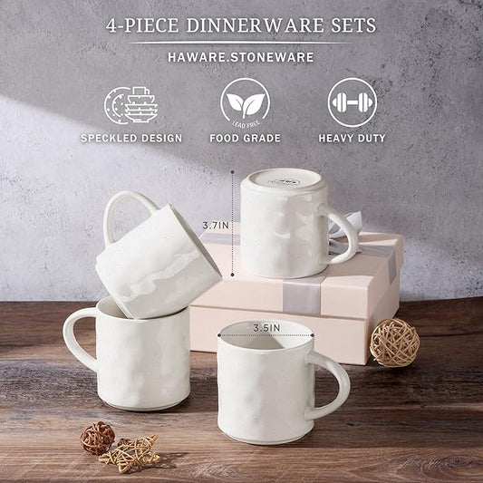 HaWare 14OZ Coffee Mugs Set of 4, Stoneware Coffee Cups with Handle, Latte Mug for Man, Woman, Dad, Mom, Modern Tea Mugs for Latte/Cappuccino/Cocoa/Milk, Dishwasher& Microwave Safe, Speckled White
