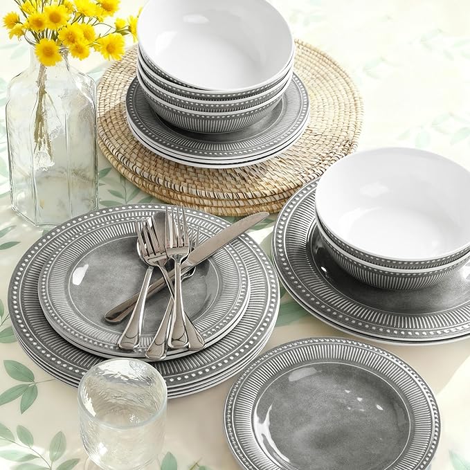 AELS Melamine Dinnerware Set of 18 Pcs, Dinner Dishes Set for Indoor and Outdoor Use, Melamine Plates and Bowls Set for 6, Dishwasher Safe, Lightweight Unbreakable, BPA Free, Gray