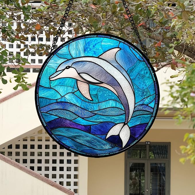 Stained Glass Suncatcher, Blue Ocean Dolphin Sun Catcher Marine Life Stain Glass Indoor Window Hanging Decoration Mother's Day Birthday Gifts for Women Men Mom and Nana 11.8 in