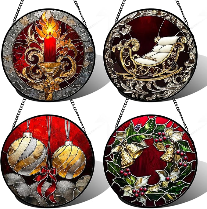 Stained Glass Window Hanging 4 Pcs Set Christmas Golden Bell Sleigh 7.8" - Suncatcher Door Garden Sun Catcher Decor Birthday Mother's Day Xmas Gifts for Mom Woman Nana Men Parents