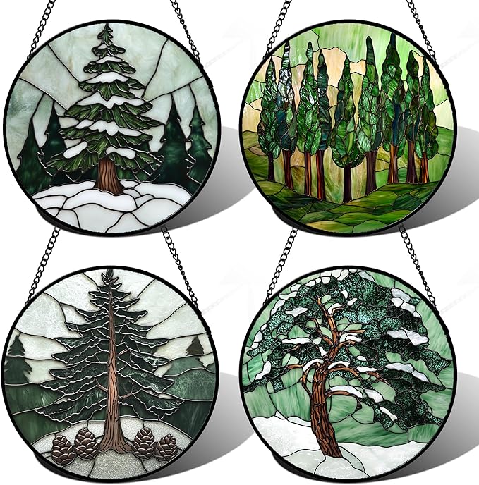 Stained Glass Window Hanging 4 Pcs Set Forest Green Trees Winter Snow 9.8" - Suncatcher Door Garden Sun Catcher Home Decor Birthday Mother's Day for Woman Nana Mom Men